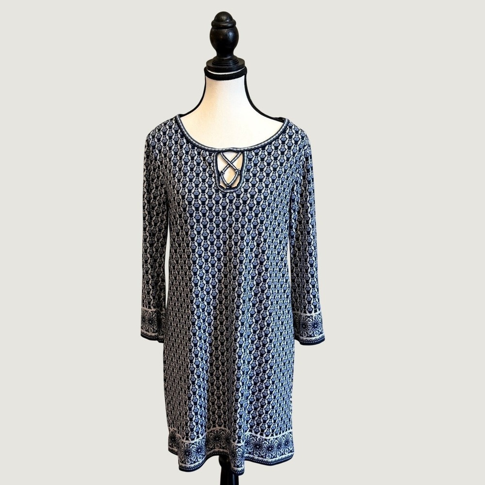 Max Studio Navy Blue White Geometric Floral Keyhole Shift Dress Small 6912W65